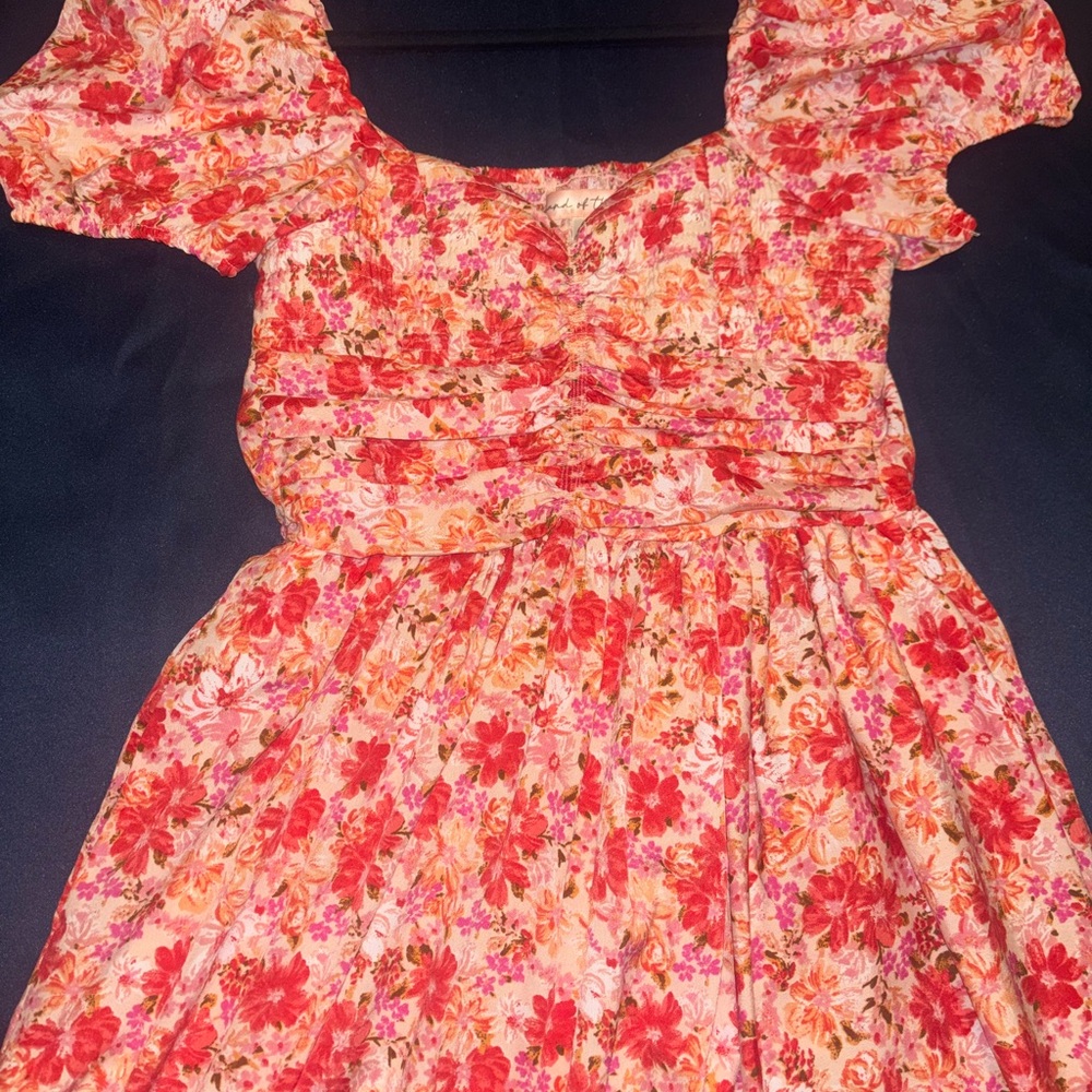 Vibrant Floral Midi Dress with Puff Sleeves